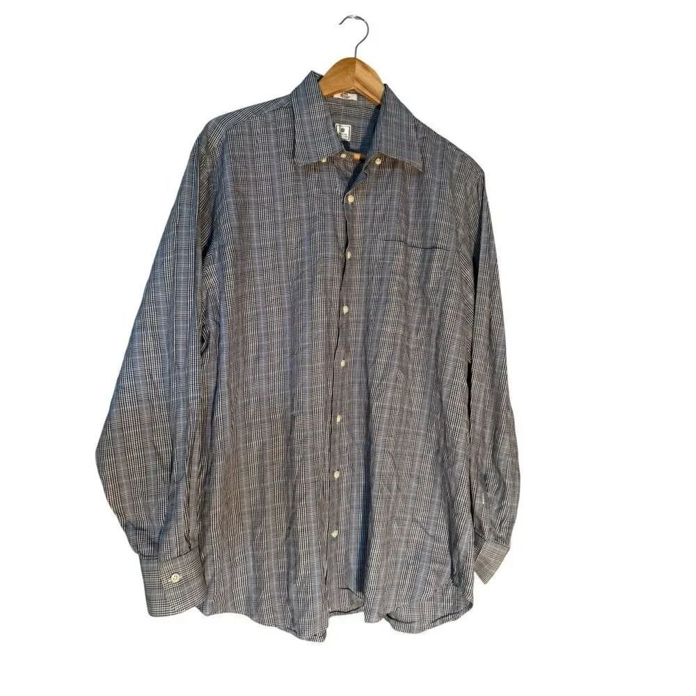 Peter Millar Men's Size L Long Sleeve Dress Shirt Black Blue Houndstooth Cotton